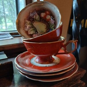 Vintage Red Floral Tea Cup Set
